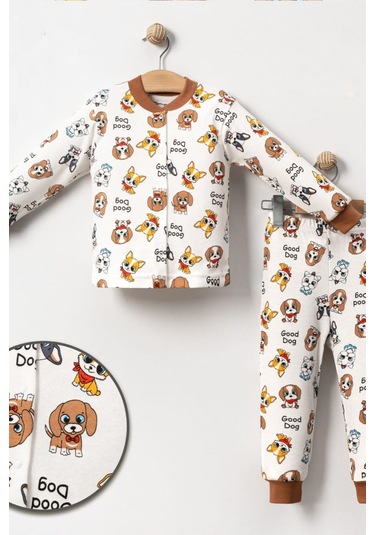 Kız Çocuk Desenli Pamuklu 2'li Pijama Takımı Ekru - Kahverengi