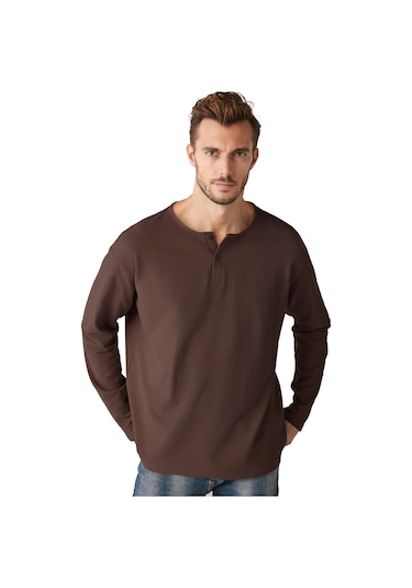 Lorenzo Erkek Özel Rustik Dokulu %100 organik Pamuk Düğme Detaylı Regular Acı Kahve Sweatshirt