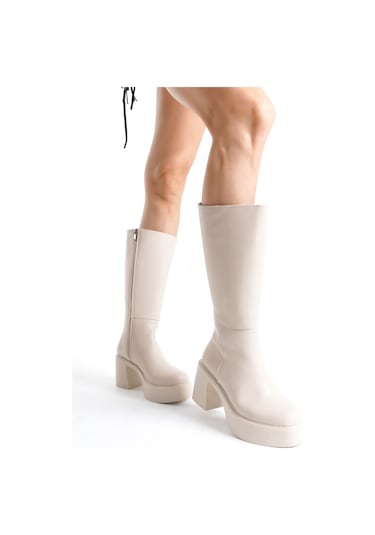Ventes Kalın Taban Topuklu Fermuarlı Diz Altı Sade Klasik Kadın Çizme 914303-z TEN CİLT
