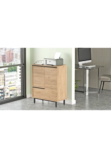 Robin Home Lidya Ofis Dolabı 3 Kapaklı Metal Ayaklı Sepet Kahve