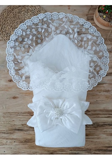 Yenidoğan Ay Işığı Papatya Dantelli Taşlı Fiyonk Bebek Battaniyesi Kundak Ekru Çok Renkli