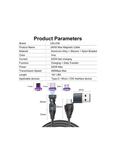 Uslıon Us0204 1m Usb - Tip-c'den Tip-c'ye - Mikro - İp Kablosu Döndürülebilir 240w Manyetik Şarj Kablosu