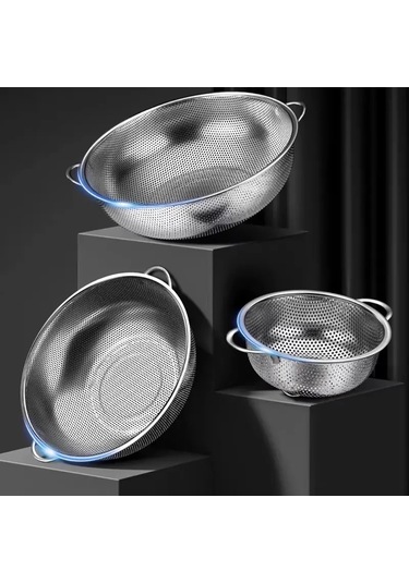 Paslanmaz Çelik Kulplu Çok Amaçlı Makarna Un Meyve Sebze 3'lü Süzgeç 25 22 19 Cm Çok Renkli