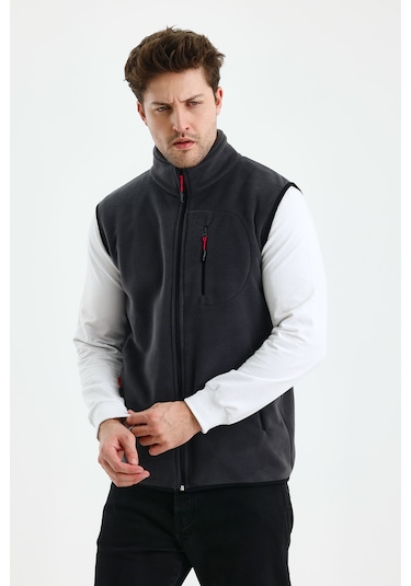 Monox Erkek Tam Fermuarlı Spor Polar Yelek Füme