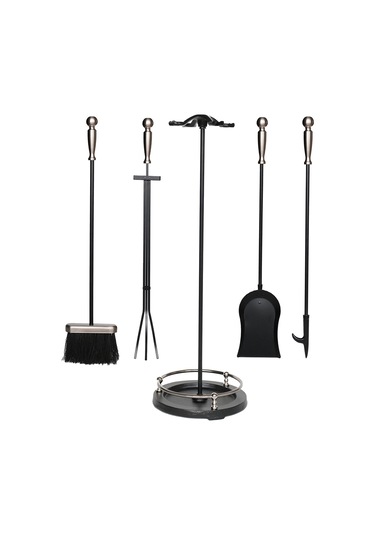 5 Li Premium İthal Döküm Gümüş Başlıklı Yuvarlak Şömine - Soba Maşa Takımı Aksesuar Seti