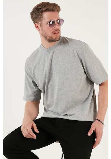 Buratti Pamuklu Oversize Bisiklet Yaka Basic Erkek T Shirt 5902365 Gri Melanj