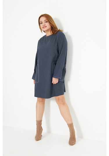 Koyu Mavi Dikiş Detaylı Büyük Beden Tunik Mavi