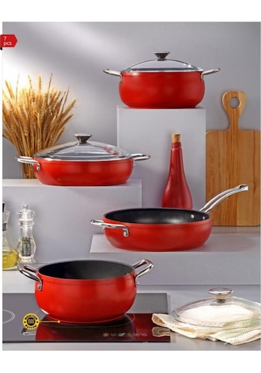 Bonera Pro Plus 7 Parça Titanyum Tencere Set Kırmızı İndüksiyonlu