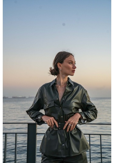 Kadın Suni Deri Gömlek Ceket Yeşil Frn6108 Yeşil