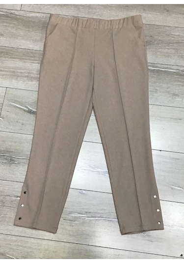 Scuba Yanlardan Cepli Önü Dikişli Paçası Çakmalı Beli Lastikli Büyük Beden Pantolon Krem