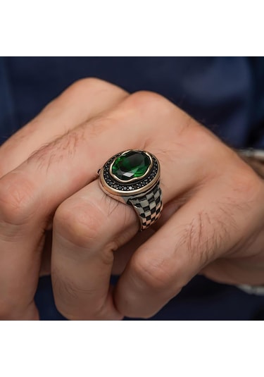 Oval Yeşil Taşlı Kordon Modeli 925 Gümüş Erkek Yüzük Beyaz