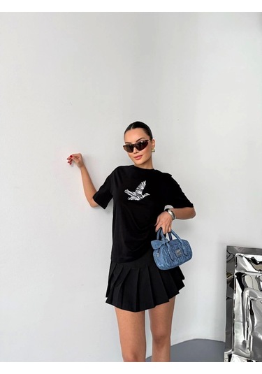 Kısa Kol Baskılı T-shirt - Siyah Siyah