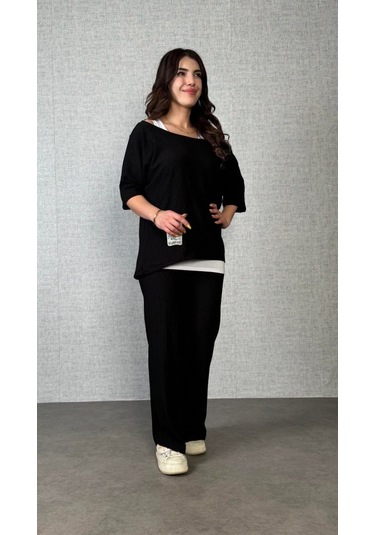 Sensuelle Kadın Kısa Kollu Omuzlardan Açık Yarasa Kollu Bürümcük Bluz Ve Pantolon Ve Viskon Atlet Siyah