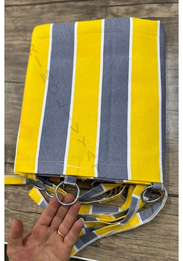 Devrim Olivya Tekstil Mavi-beyaz Çizgili Lüks Halkalı Balkon Perdesi - Özel Dikim, Dayanıklı Branda Sarı Gri