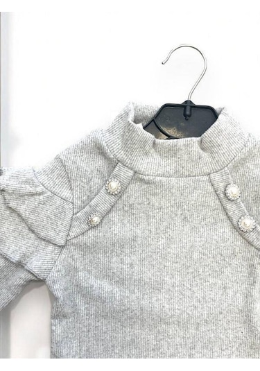 Kız Çocuk Kışlık Kolları Fırfırlı Örme Kazak-14423 Gri