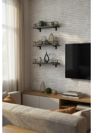 Modern Tasarımlı Metal Korkuluklu Siyah Ahşap Duvar Rafı Üçlü Siyah