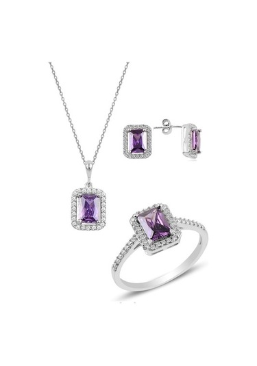 Gümüş Rodyumlu Ametist Baget Taşlı Üçlü Set
