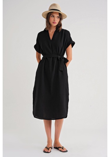 4720 Kadın Pile Detaylı Bağlamalı V Yaka Müslin Elbise Siyah Siyah