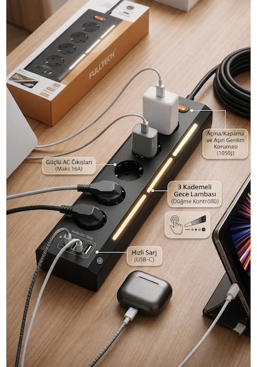 Fulltech Ftr-26 5li Akım Korumalı Priz 2 Usb-a, 2 Usb-c, 3 Kademeli Gece Lambası, 2 Metre Kablo - 36 0.2 M