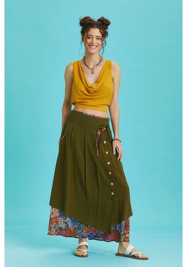 Düğme Detaylı Beli Bağcıklı Cepli Desenli Etek Turuncu