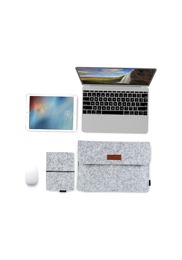Vkemall 13.3 İnç Apple Macbook İçin Dört Bölmeli Felt Kılıf - Mouse Ve Şarj Cihazı Çantası İle Gri Koruyucu Torba Gri