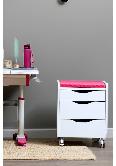 Creo Mobili Çekmeceli Tekerlekli Sirius Keson, Oturulabilir Ofis Ve Ev Komodini, Beyaz/fuşya
