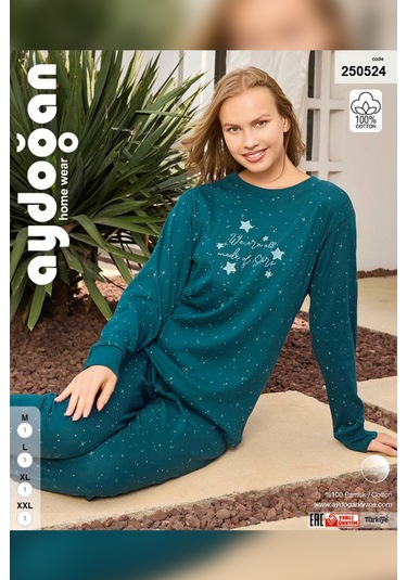 Aydoğan Kadın Lavin Ribana Manşetli Teal Renk Koton Pijama Takım 0524 Yeşil