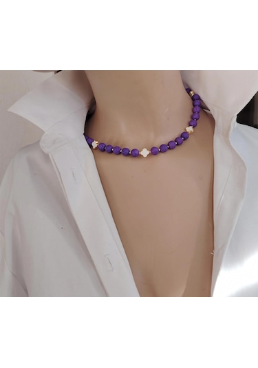 Luna Yonca Detaylı Lav Taşı Choker Doğal Taş Kolye Mor