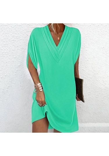 Kadın Elbise V Yaka Pilili Yarım Yarasa Kollu Düz Renk Gevşek Yumuşak Nefes İşe Gidip Diz Üstü Mini Elbise Siyah