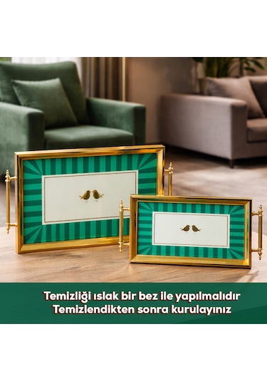Porsima 4391 2'li Dekoratif Dikdörtgen Servis Tepsi Seti - Çay Ve Kahve Kahvaltılık Sunum Tepsisi Yeşil