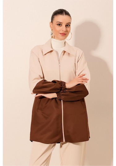 5909 Çift Renkli Mevsimlik Trençkot - Kahverengi Kahverengi