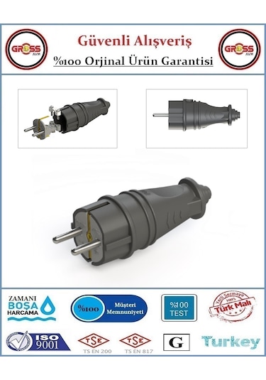 Kauçuk Monofaze 1x16 Amper - 220 Volt Topraklı Erkek Fiş