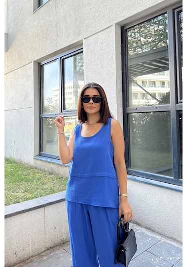 Saks İthal Müslin Kumaş, Basic, Katlı, Salaş Askılı Bluz & Atlet Saks