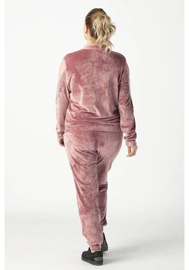 1950 Kolları Taşlı Tam Kalıp Tarz Kadife Büyük Beden Eşofman Takım Pembe Pembe