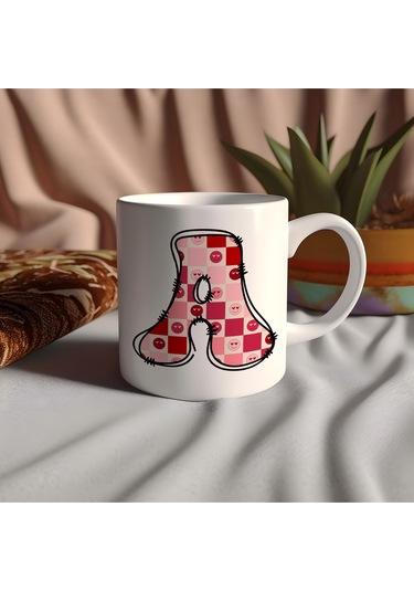 A Harfi Pembe Kareli Kalpli Göz Emojili Kupa Bardak Eğlenceli Kareli Tasarım Kahve Çay Kupası Beyaz