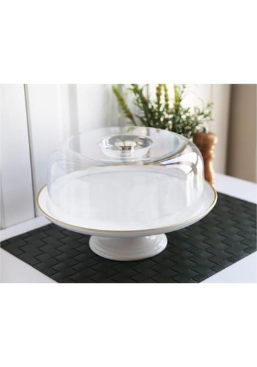 Gönül G2804 Porselen Seramik Ayaklı Kek Fanusu Beyaz