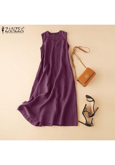Zanzea Pamuk Elbise Kadın Yaz V Yaka Kolsuz Tank Elbise Bordo