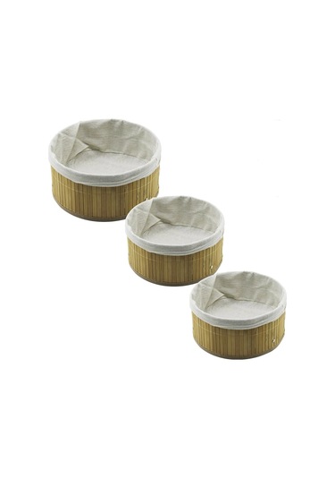 3 Boy Yuvarlak Bambu Kenar Organizer Sepet Ahşap Altlık - Bezli 21x25x28cm 5365 Çok Renkli