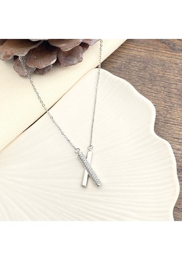 X Kolye Kadın Kolye Full Zirkon Taşlı Kolye 45cm Silver
