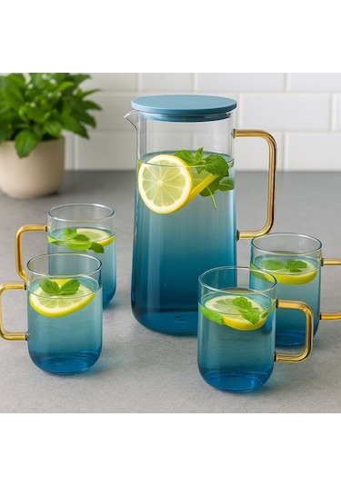 Borosilikat Cam Gold Saplı Sürahi 1300 Ml 4 Bardaklı Mavi