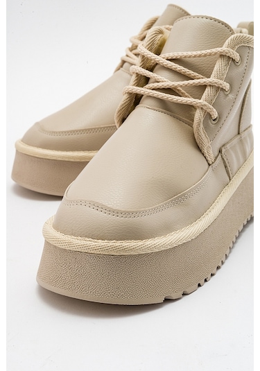 Luvishoes Ovela Bej Cilt Kalın Taban Bağcıklı Kadın Spor Bot Bej
