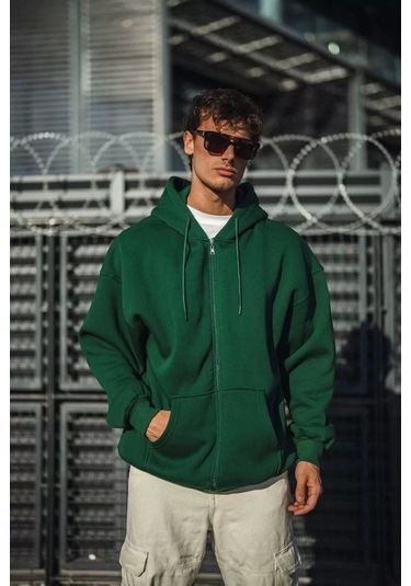 Oversize Tam Fermuarlı Uzun Kol Hırka - Haki Haki