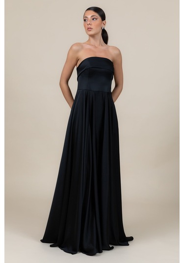 Doridorca Kadın Straplez Saten Kumaş Uzun Abiye Elbise 6135 Siyah Siyah