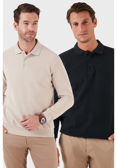 Buratti Pamuk Karışımlı Regular Fit 2'Li Paket Erkek Polo Yaka Kazak 456223S2 Antrasit-Bej
