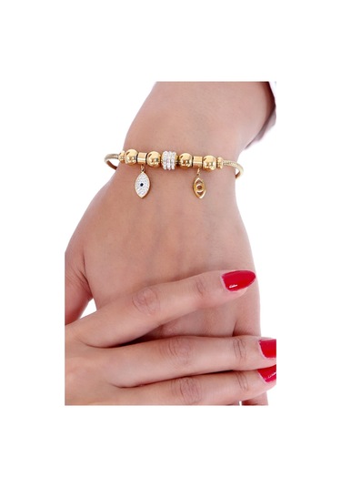 Kadın Taşlı Gülen Yüz  Çelik Bileklik Altın Kaplama Altın