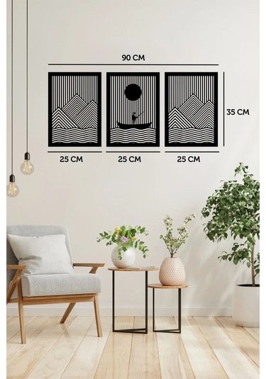3'lü Balıkçı Ve Dağ Temalı Ahşap Duvar Tablosu - Mdf, 25x35 Cm Toplam 35x90 Cm