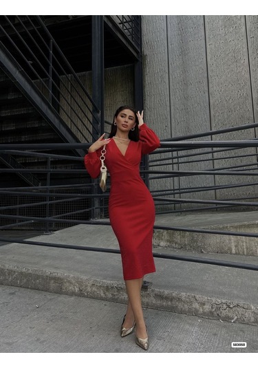 Tua Moda Kadın Kruvaze Yaka Balon Kol Simli Krep Kumaş Midi Boy Elbise Kırmızı
