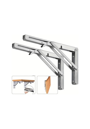 Topnotch 2 Adet Paslanmaz Çelik Katlanır Duvara Monte Masa Organizer Ahşap Raf - 14 Inç Gümüşi
