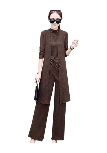 3 Adet/takım Kadın Örgü Yan Bandaj Tank Top Pantolon Uzun Kollu Hırka Kahve