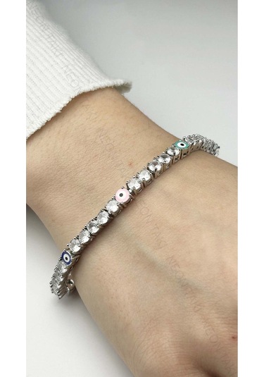 Bileklik 39, Su Yolu, Nazarlı, Zirkon Taşlı, Zincir Bileklik, Gümüş Renk Gümüş